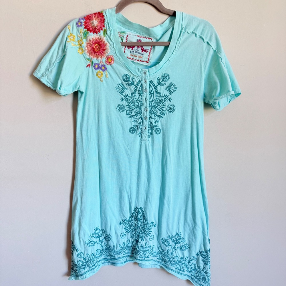 JW Los Angeles Johnny Was Turquoise Floral Embroidered Henley Tunic Top Small